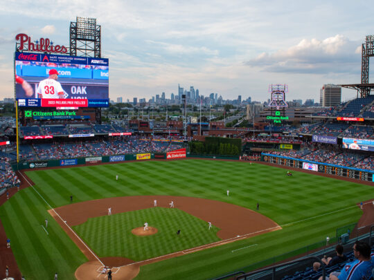A shot of the baseball field and Citizens Bank Park with the Philadelphia skyline in the distance.