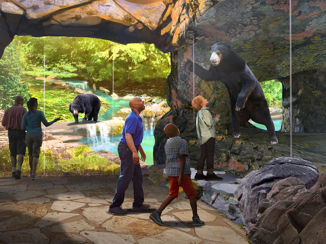 Rendering of Bear Country at the Philadelphia Zoo, featuring visitors observing a black bear standing on its hind legs behind glass, with another bear exploring a lush outdoor habitat with waterfalls and greenery.
