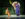 An actor portraying Bilbo sits on a small green stool, while another actor playing Gandalf stands beside him in a long purple cloak and boots. The stage glows under soft stage lighting, with a large illuminated full moon in the background.