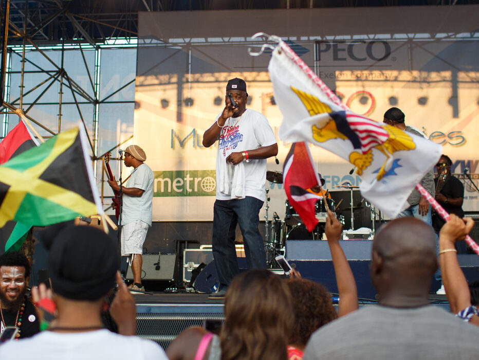 A artist performs on stage at the Caribbean Festival while audience members wave colorful Caribbean flags and dance along to the music.