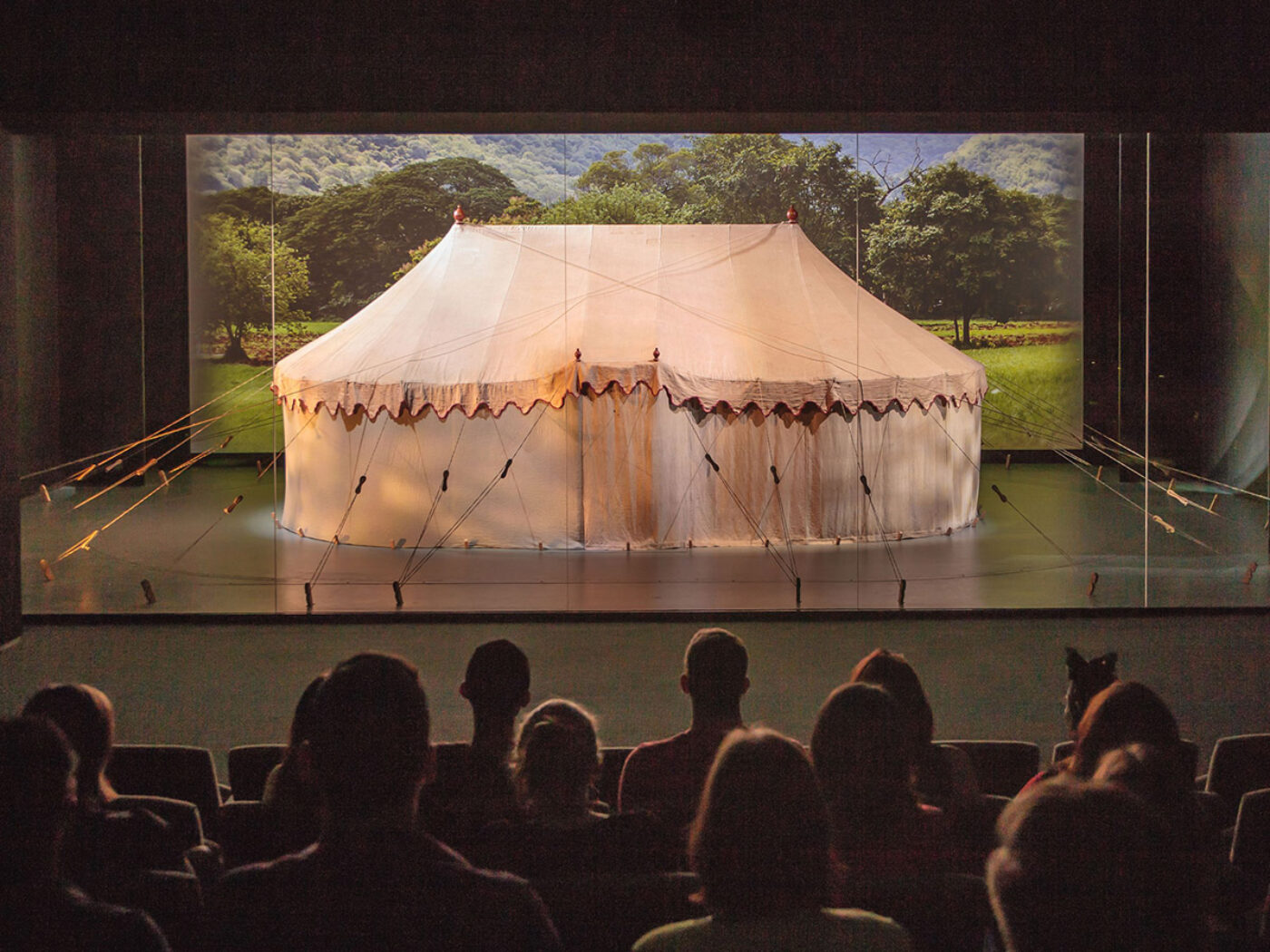 Visitors gather in the Alan B. Miller Theater at the Museum of the American revolution to see the tent that General George Washington used as his mobile headquarters during the Revolutionary War.