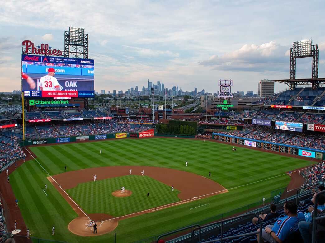 A shot of the baseball field and Citizens Bank Park with the Philadelphia skyline in the distance.