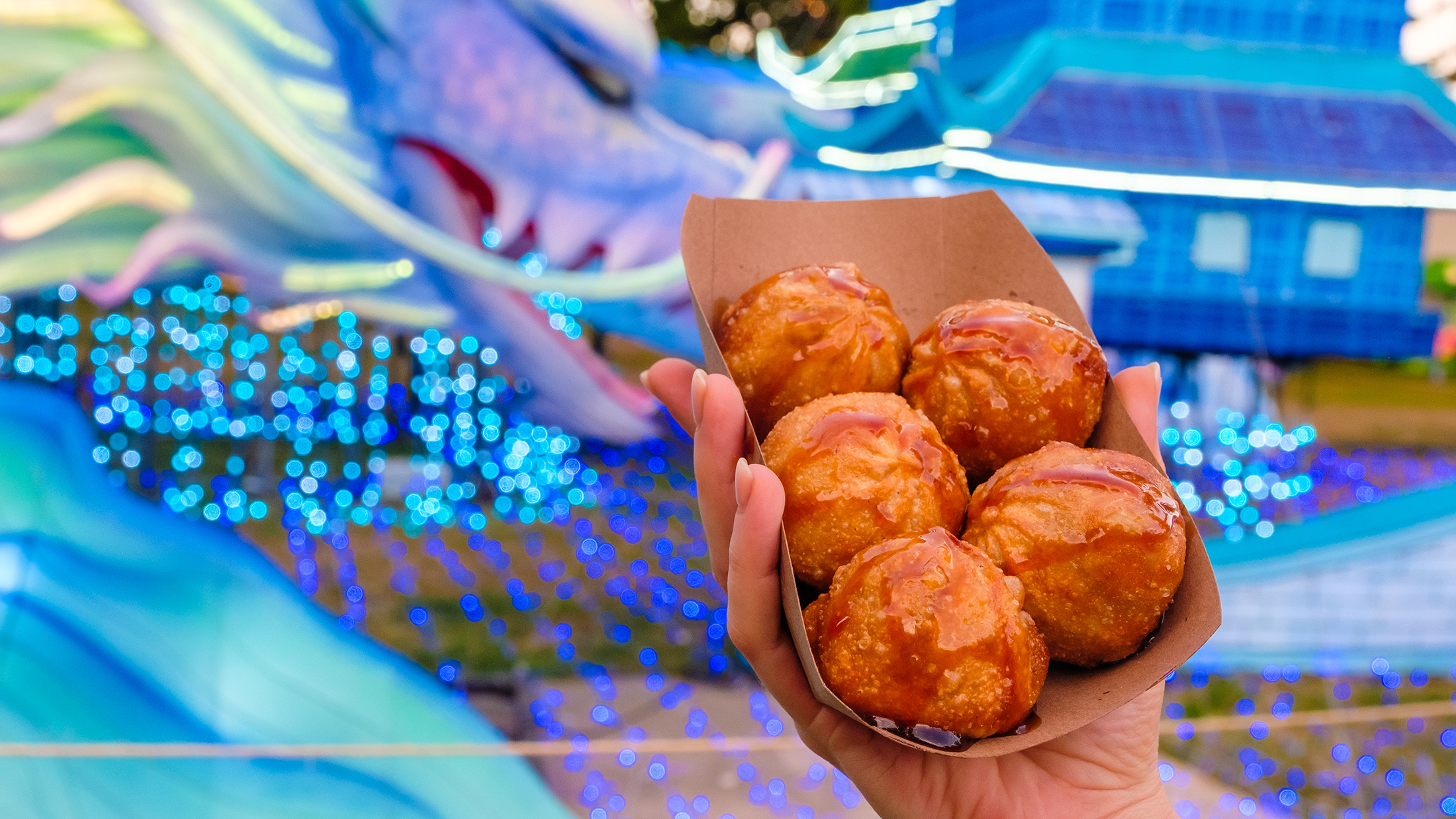 A hand hold out a paper tray of five deep fried dumplings, with a glowing blue lantern in the background at the Chinese Lantern Festival.