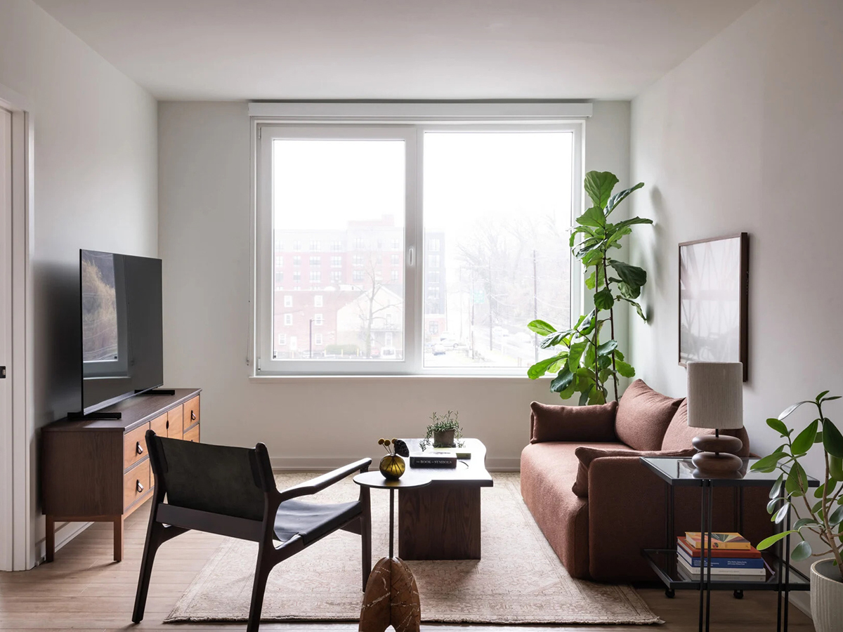 A bright, stylish living space at ROOST Kelly Drive, featuring a modern design, green plants, couch, chair and TV.