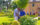 A group of people explore a lush garden on a sunny day at Bartram's Garden, with historic stone buildings in the background.