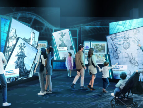 A rendering of families visiting a futuristic, interactive exhibit about storytelling, filled with digital panels and fantasy sketches.