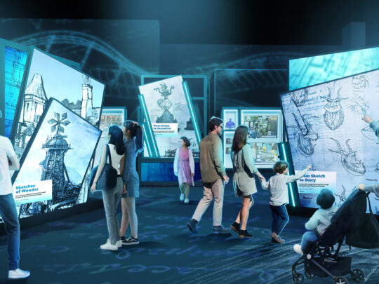 A rendering of families visiting a futuristic, interactive exhibit about storytelling, filled with digital panels and fantasy sketches.