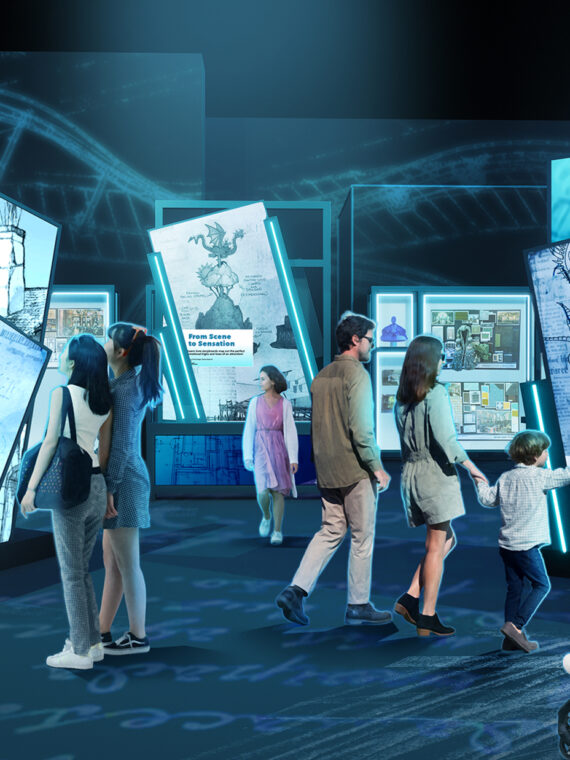 A rendering of families visiting a futuristic, interactive exhibit about storytelling, filled with digital panels and fantasy sketches.