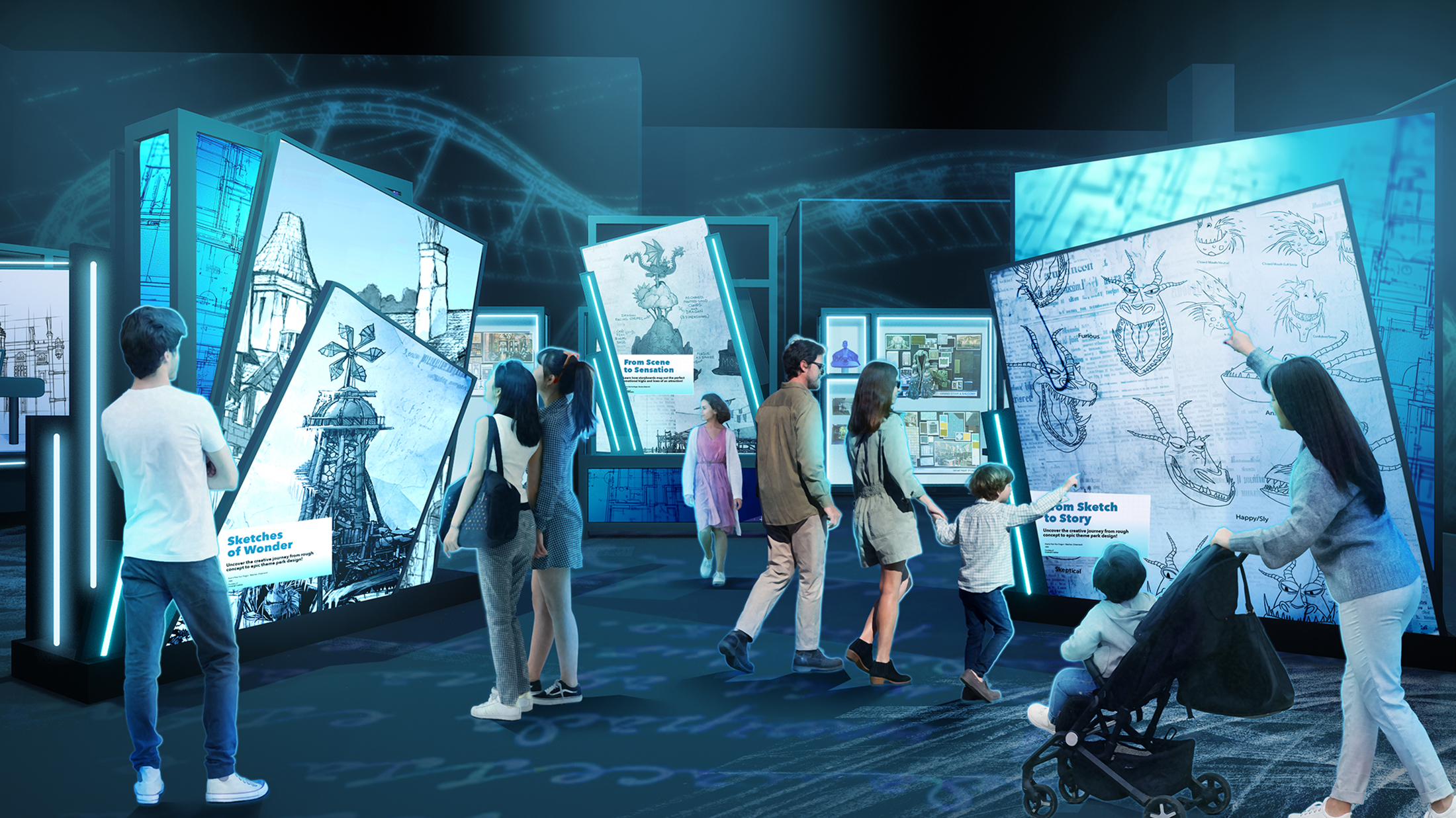 A rendering of families visiting a futuristic, interactive exhibit about storytelling, filled with digital panels and fantasy sketches.