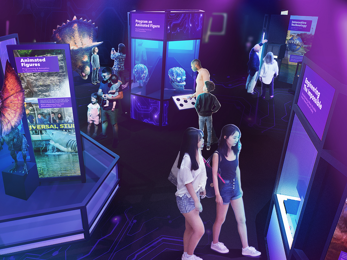 A rendering of families exploring an exhibit with glowing displays on theme park technology and animatronics, including a dinosaur figure.