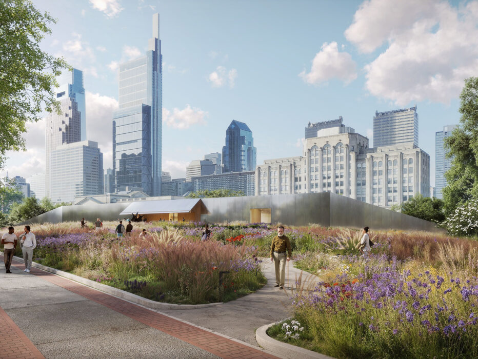 A rendering of people walking among colorful wildflower gardens and winding brick paths at Calder Gardens, with Philadelphia's skyline in the background.