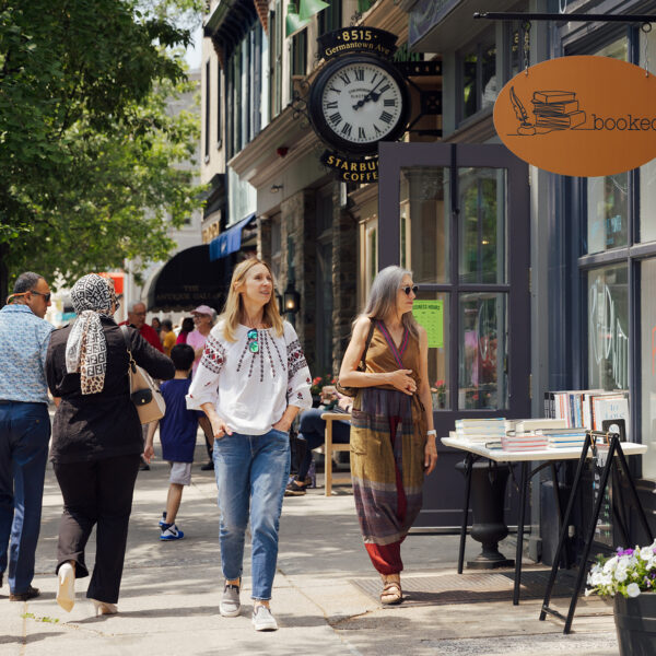 Shoppers stroll along Germantown Avenue past boutiques, shops, bookstores and cafes in Chestnut Hill.