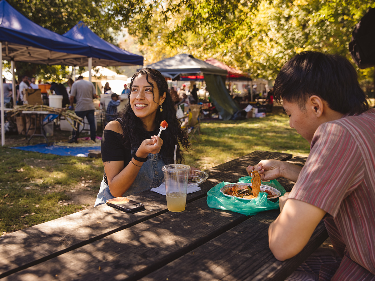 Visitors enjoy food while sitting at a picnic table under greens during the Southeast Asian Market in FDR Park. Vendor tents are in the background.
