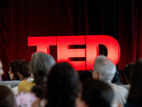 Audience members face a stage where a bright red TED sign glows against a dark red curtain backdrop.
