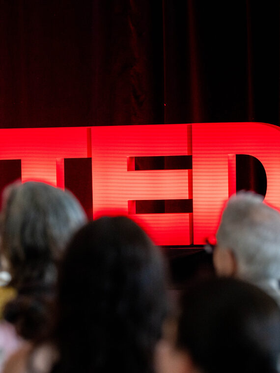 Audience members face a stage where a bright red TED sign glows against a dark red curtain backdrop.
