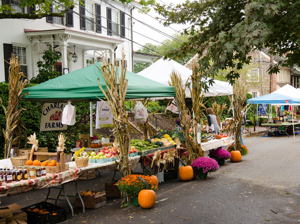 Colorful farm stands covered by pop-up tents and decorated with corn husks display pumpkins, apples and mums for sale on a street for Market Day in Newtown, with historic homes in the background.