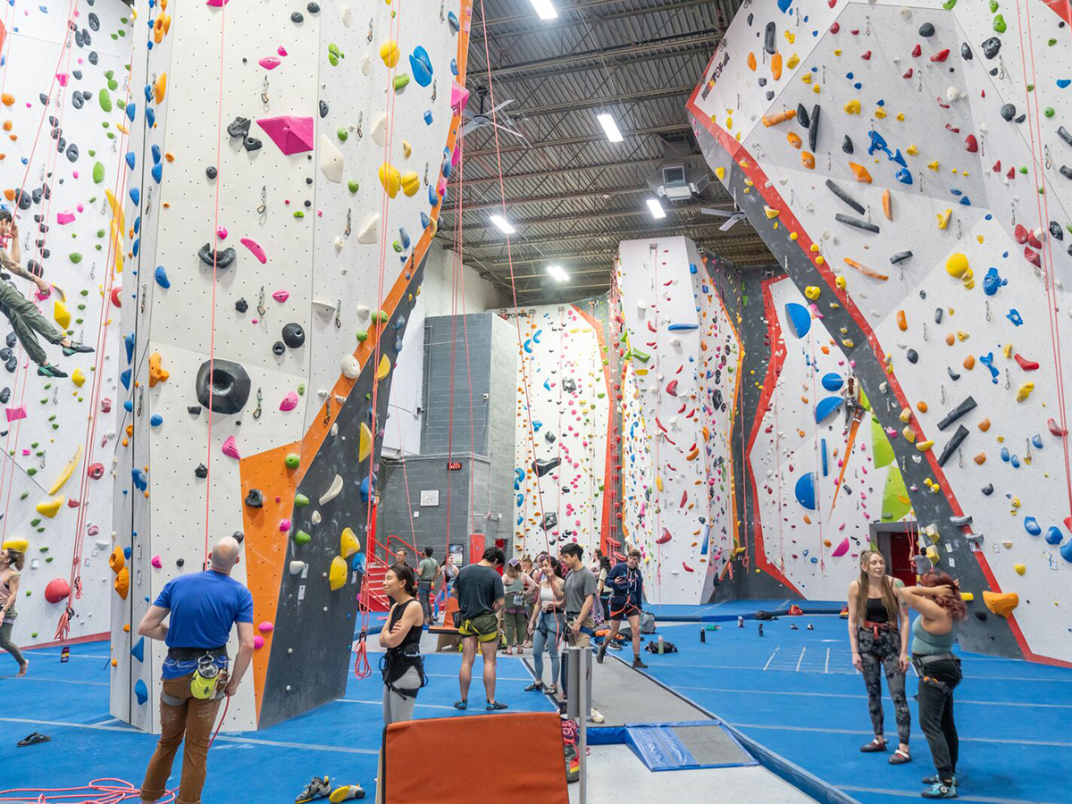 People climb brightly colored rock walls and gather on a padded blue floor inside an indoor climbing gym in Philadelphia.