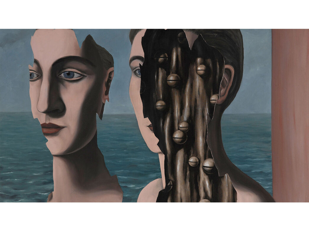 A surrealist paining depicting two overlapping faces, one particularly fragmented to reveal mechanical features underneath, set against a seascape background.