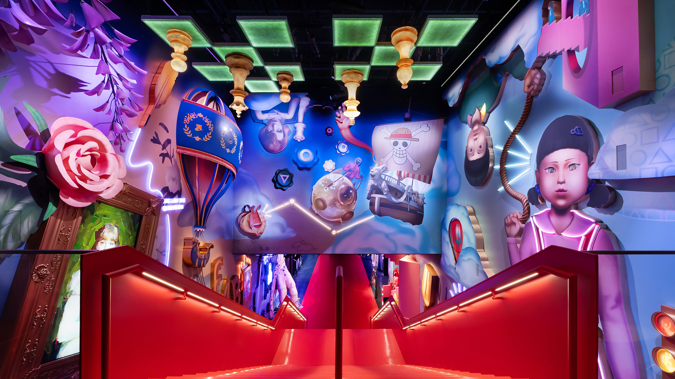 A vibrant red stairway with glowing railings leading through a hallway with oversized props and murals from various Netflix shows, including inverted chess piece hanging from the ceiling and larger than life animated characters.