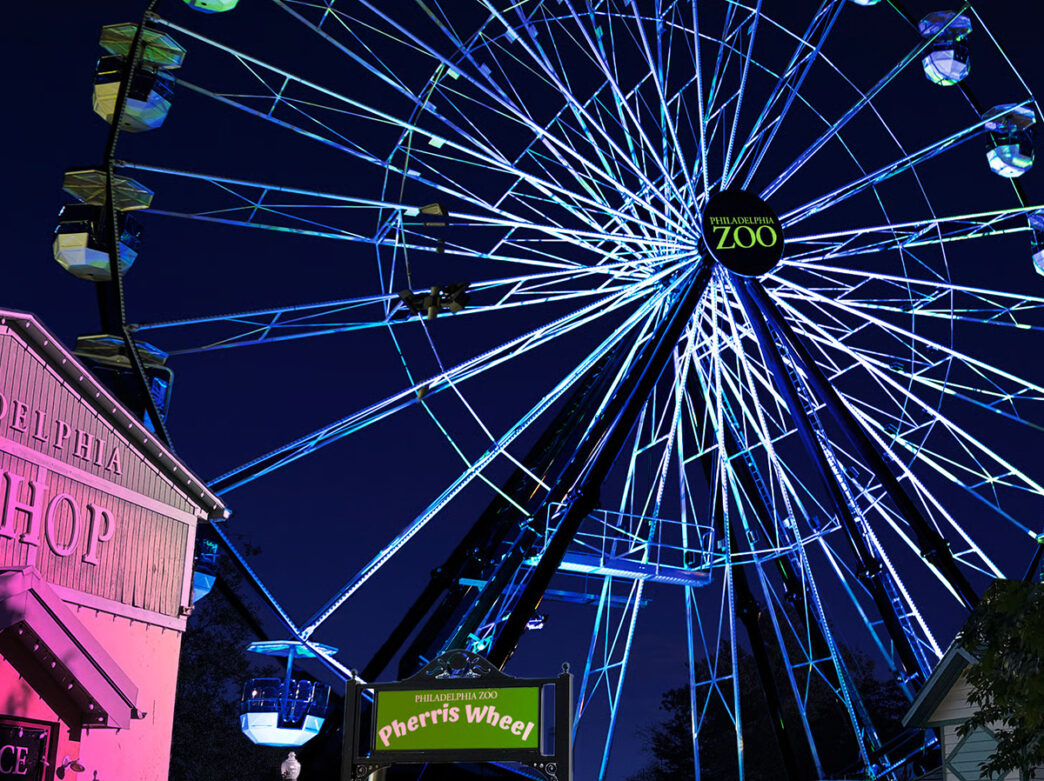 A large Ferris wheel glows in shades of blue and green against a dark night sky during LumiNature at the Philadelphia Zoo.