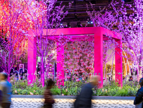 A vivid pink and purple garden installation featuring illuminated flowering trees, hanging glass orbs and a geometric pavilion as attendees walk past.