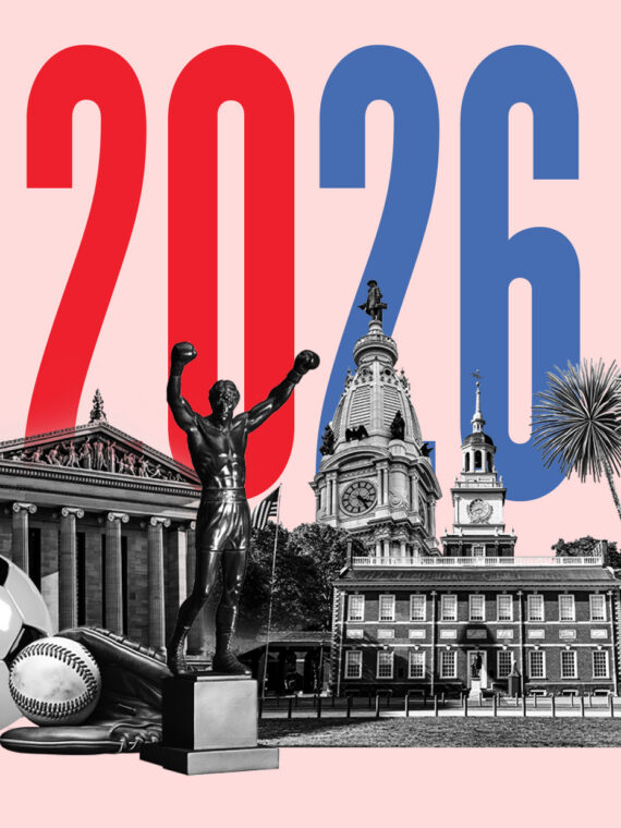 A stylized image with a big "2026" above cut-out images of iconic Philadelphia items like the Rocky Statue and the front of the Philadelphia Art Museum
