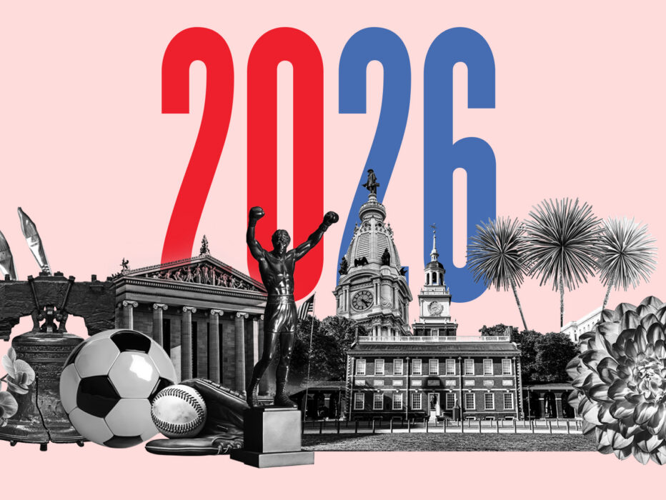 A stylized image with a big "2026" above cut-out images of iconic Philadelphia items like the Rocky Statue and the front of the Philadelphia Art Museum