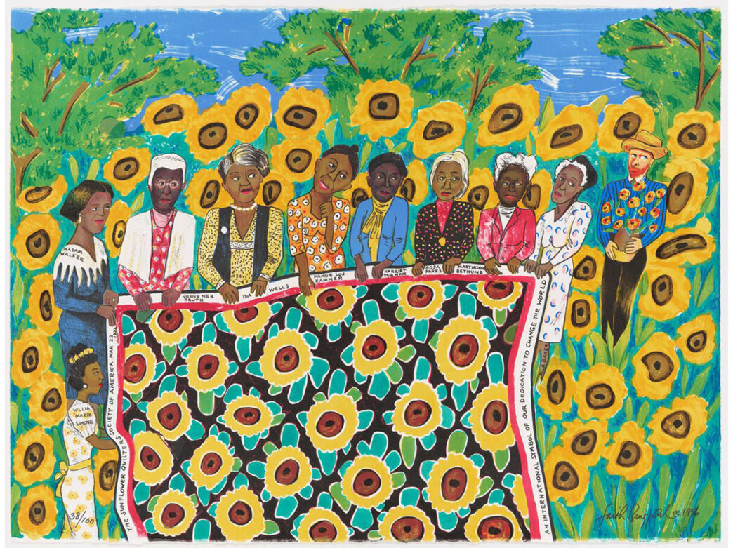 A colorful painted quilt artwork depicts Black women, including historical figures, standing behind a large sunflower-patterned quilt surrounded by bright yellow sunflowers and green trees.