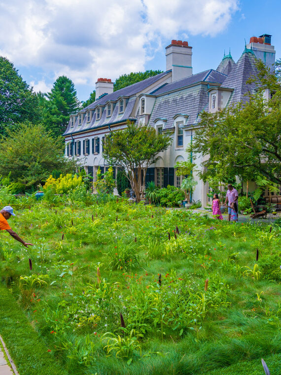 Casually dressed guests explore the lush garden beside the grand historic estate.