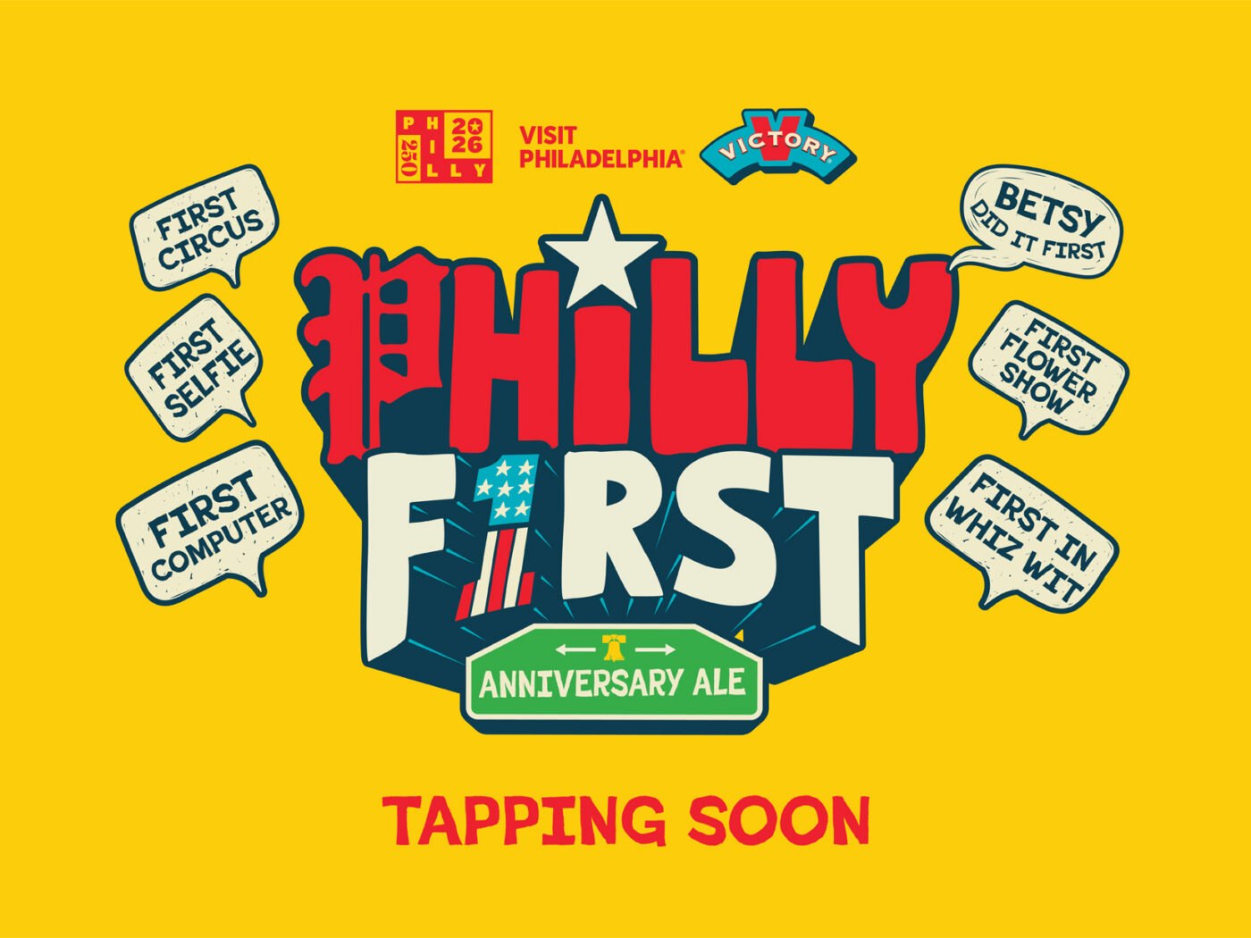 A bright yellow graphic promoting Philly First Anniversary Ale with illustrated callouts highlighting Philadelphia "firsts" like the first computer, first circus and first flower show, and the words "Tapping Soon" at the bottom.