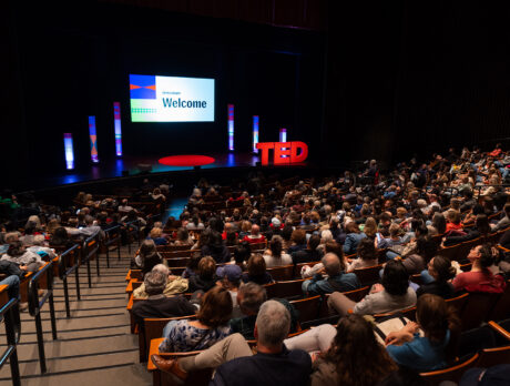 A packed theater audience sits facing a brightly lit stage, where a screen reads "Welcome" alongside TED Democracy branding and colorful pillars.