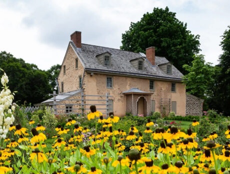 Exterior of Bartram's Garden Historic House with flowers, including Black Eyed Susans, in foreground.