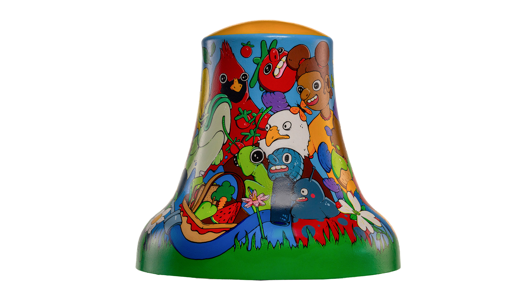 Cloche illustrée en couleurs, intitulée A Diagram of Value, représentant le sud-ouest de Philadelphie pour Philadelphia250’s Bells Across PA. Elle présente des animaux, des plantes et des insectes de style bande dessinée dans une scène vibrante inspirée de la nature.