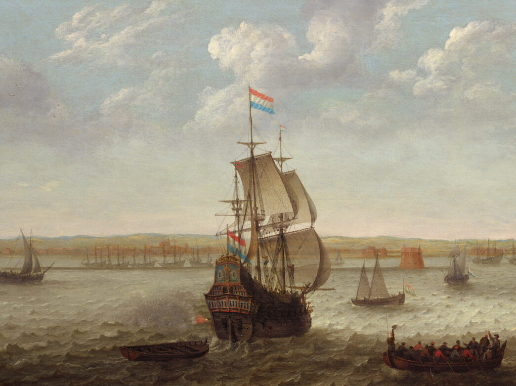 A historic painting shows Dutch sailing ships anchored off the coast of Recife, with a large, detailed vessel in the foreground, smaller boats and rowers nearby, and a distant shoreline under a cloudy sky.