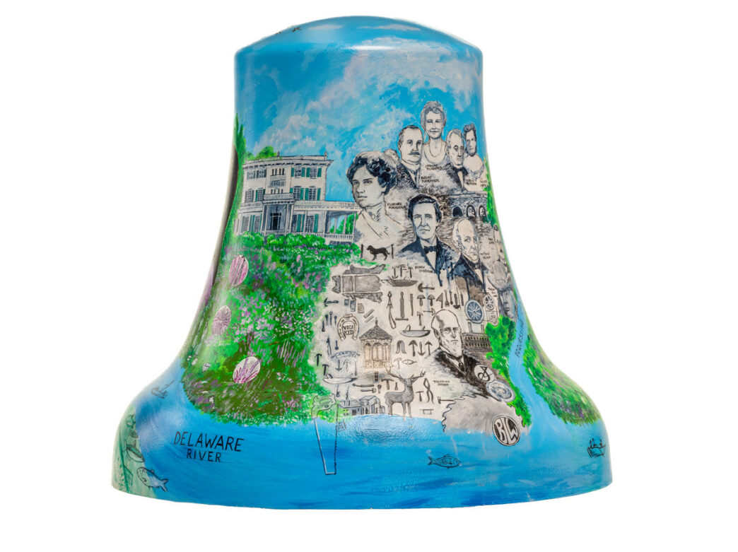 Painted bell titled Nature to Industry to Nature Again representing Torresdale for Philadelphia250’s Bells Across PA, featuring scenes of the Delaware River, lush greenery, a historic estate, and illustrated figures and industrial elements blending nature and history.