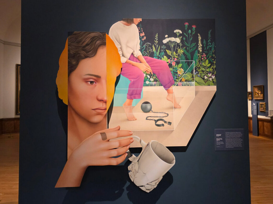 Contemporary mixed-media artwork in the “A Nation of Artists” exhibit in Philadelphia shows a fragmented portrait of a woman alongside a scene of a seated figure in a garden with symbolic objects, including a broken cup and chain.
