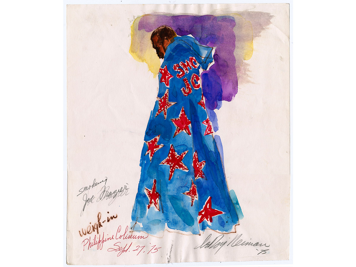 A watercolor painting by LeRoy Neiman depicting boxer Joe Frazier in his iconic blue and red star-covered robe, signed and inscribed at the weigh-in at the Philippine Coliseum on September 27, 1975.