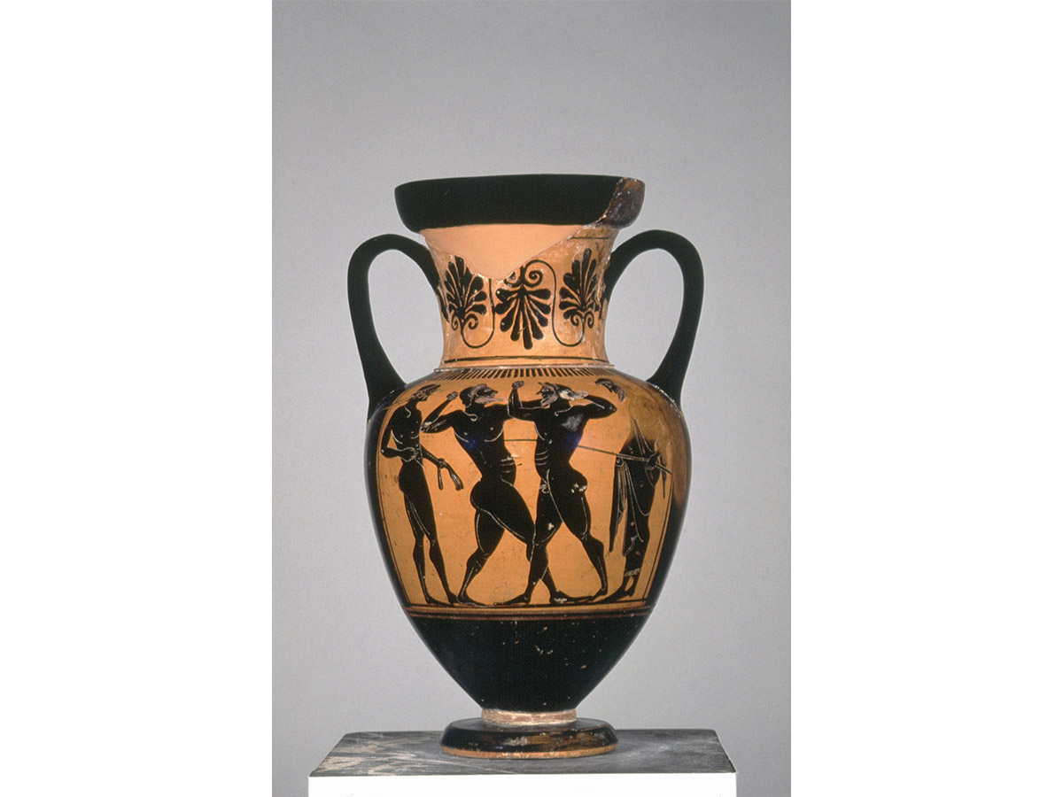 An ancient Greek black-figure neck amphora from the Philadelphia Museum of Art's collection, decorated with a scene of boxers in combat flanked by figures, with palmette scrollwork ornamenting the neck of the vessel.