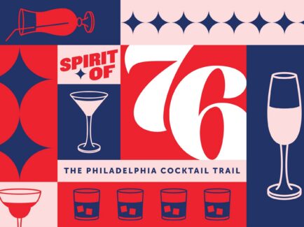 Imagen para la ruta de cócteles «Spirit of 76» de Filadelfia con iconos de un vaso de whisky y una copa de martini