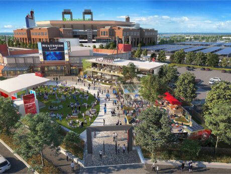 Rendu aérien montrant les nouvelles constructions autour de Stateside Live ! dans le South Philadelphia Sports Complex. Le Citizens Bank Park est visible à l'arrière-plan.
