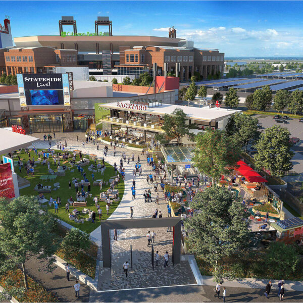 Uma representação aérea mostrando a nova construção ao redor do Stateside Live! no South Philadelphia Sports Complex. O Citizens Bank Park pode ser visto ao fundo.