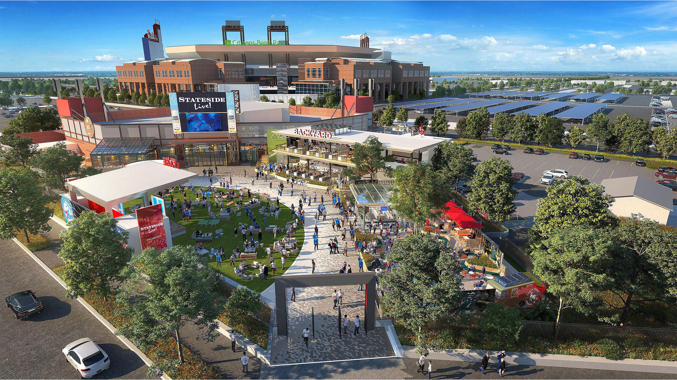 Rendu aérien montrant les nouvelles constructions autour de Stateside Live ! dans le South Philadelphia Sports Complex. Le Citizens Bank Park est visible à l'arrière-plan.