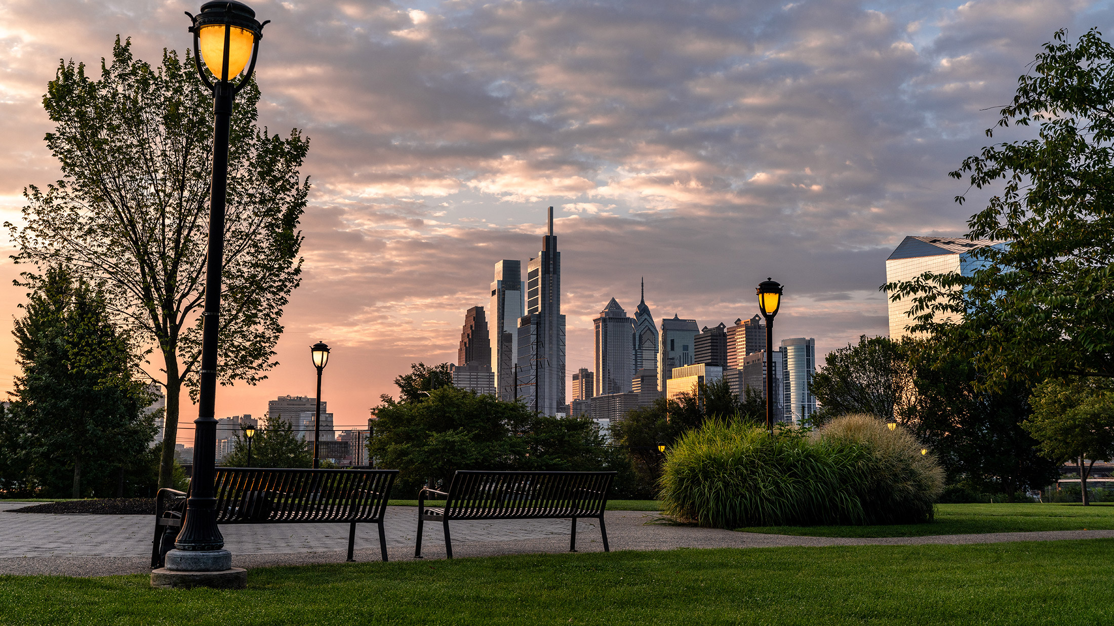 The Philadelphia skyline in the early morning as seen from Drexel Park in West Philly