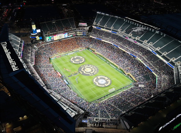 Overhead shot of Lincoln Financial Field at night for soccer match walkout
