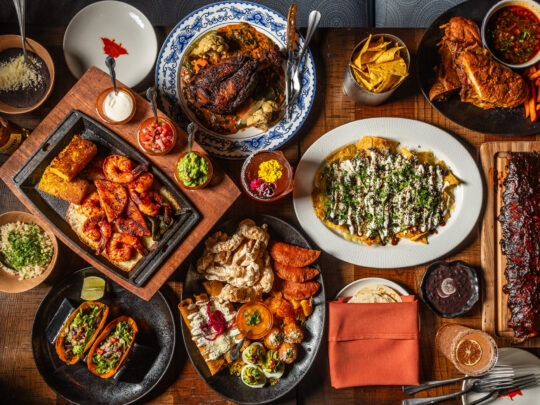 An overhead view of a vibrant Mexican food spread from Mi Vida restaurant featuring multiple dishes arranged on a wooden table. Visible items include grilled meat with charred edges, crispy churros, loaded nachos topped with cheese and herbs, roasted sweet potatoes, fresh salsas in small bowls, guacamole, tacos in black plates, enchiladas on a white plate, fresh lime wedges, and various sauces.