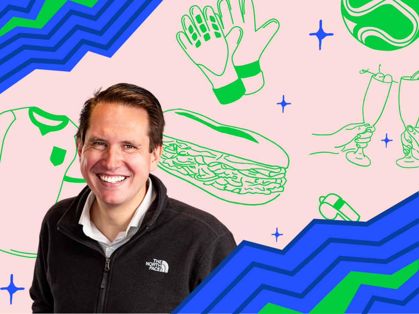 Visit Philadelphia's resident FIFA World Cup 26 expert Andrew Zwarych poses against a graphic background featuring Philadelphia-themed illustrations, including a hoagie, sports gloves, a soccer ball, and raised champagne glasses. Bold blue and green geometric patterns frame the image, creating a colorful, modern portrait.