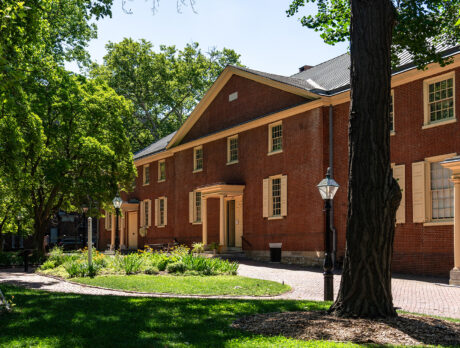 Sunlight filters through mature green trees onto the brick facade of Arch Street Meeting House, with landscaped gardens, brick walkways and historic lampposts in the foreground.