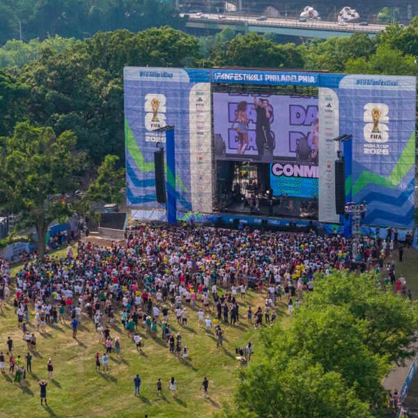 An aerial view of FIFA Fan Festival in Philadelphia, wirth crowds gathered in front of a large screen