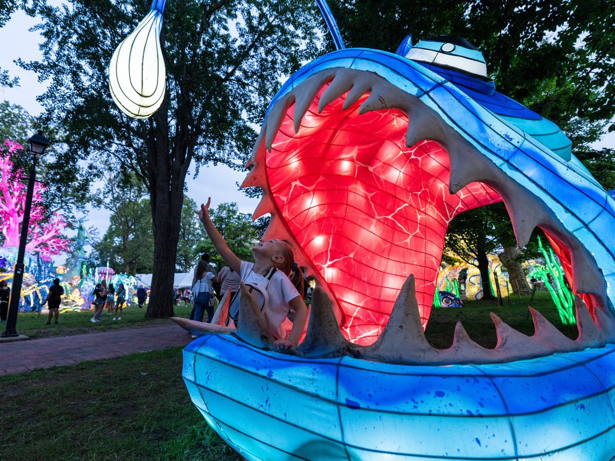 A child reaches toward a glowing lantern while sitting inside the open mouth of a giant illuminated fish sculpture at Philadelphia’s Chinese Lantern Festival.