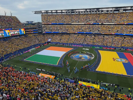 Lincoln Financial Field — known as Philadelphia Stadium for FIFA World Cup 26 — full of fans with large Côte d’Ivoire and Ecuador flags on the field during the pre-match national anthems and handshake